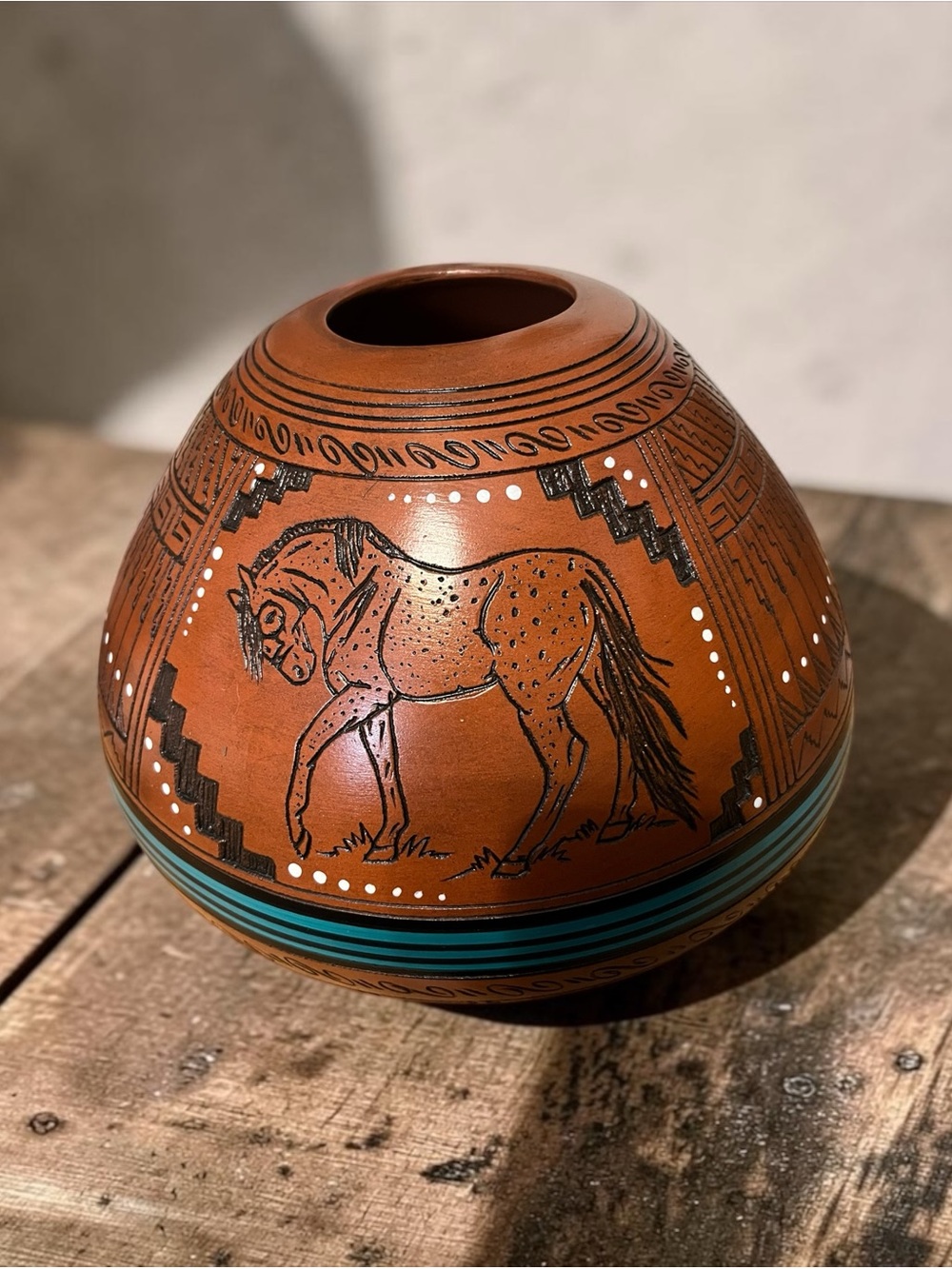 Artisan Brown Ceramic Horse Vase with Turquoise Band
